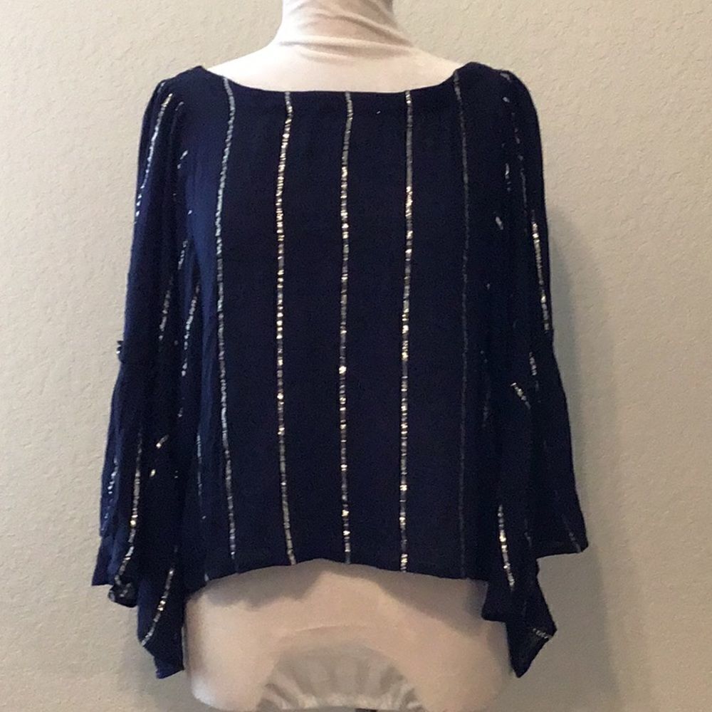 Anthropologie Floreat Top Evelyn Metallic Striped Blouse Bell Sleeve Size M